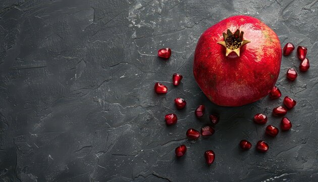 A simple, red pomegranate open to reveal its seeds, on a dark stone table