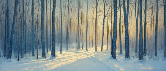 Fototapeta premium serene winter forest landscape with snow-covered ground and soft sunlight filtering through trees