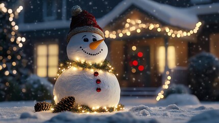 Obraz premium Cozy snowman with lights in winter evening.