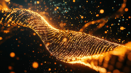Abstract Visualization of DNA Double Helix Structure with Flowing Binary Code Representations Illuminated in Warm Tones Against a Dark Background