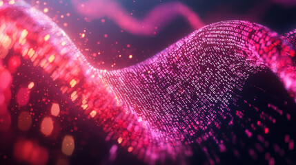 Abstract representation of DNA structure as a flowing double helix, interwoven with binary code, showcasing vibrant colors and complex patterns of information in a digital space.