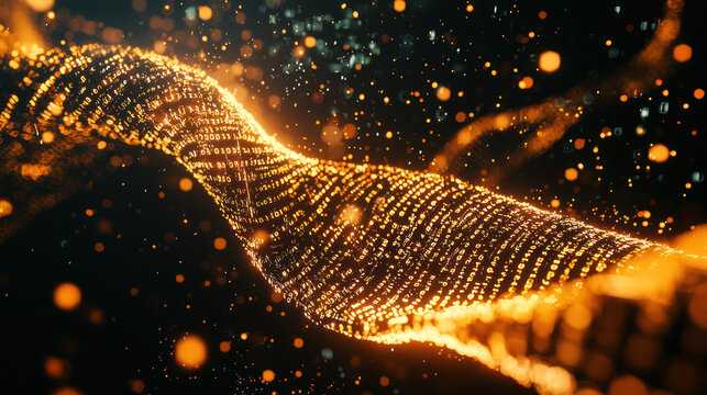 Abstract Visualization of DNA Double Helix Structure with Flowing Binary Code Representations Illuminated in Warm Tones Against a Dark Background