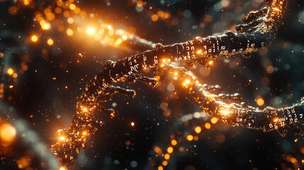 Abstract Visualization of DNA Strands with Glowing Elements and a Dynamic Atmosphere for Scientific and Artistic Representation