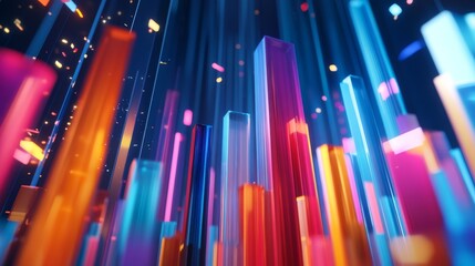 Obraz premium Colorful Abstract Cityscape with Vertical Bars and Glowing Lights Creating a Dynamic Digital Landscape in Shades of Blue, Pink, and Orange
