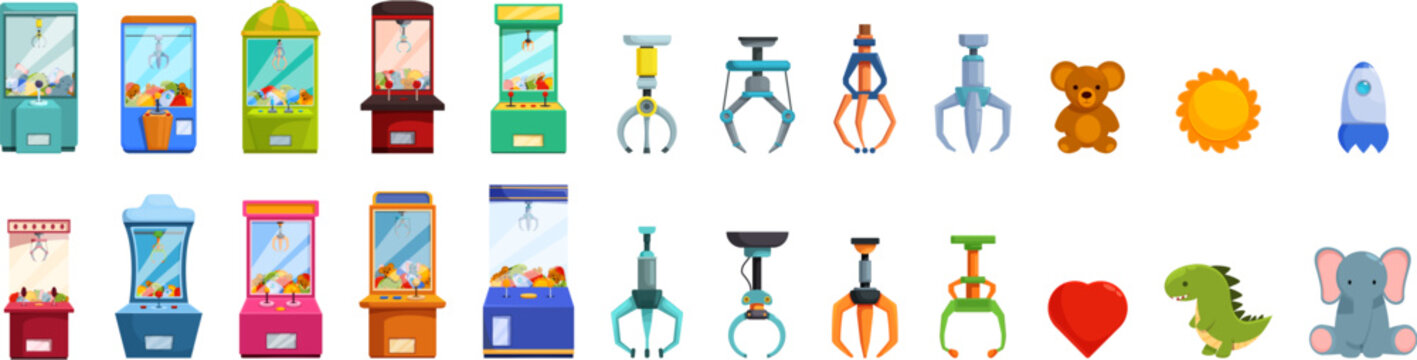 Claw machine game icons set. Colorful claw crane machines and various prizes including stuffed animals, toys, and other objects, creating a fun arcade atmosphere