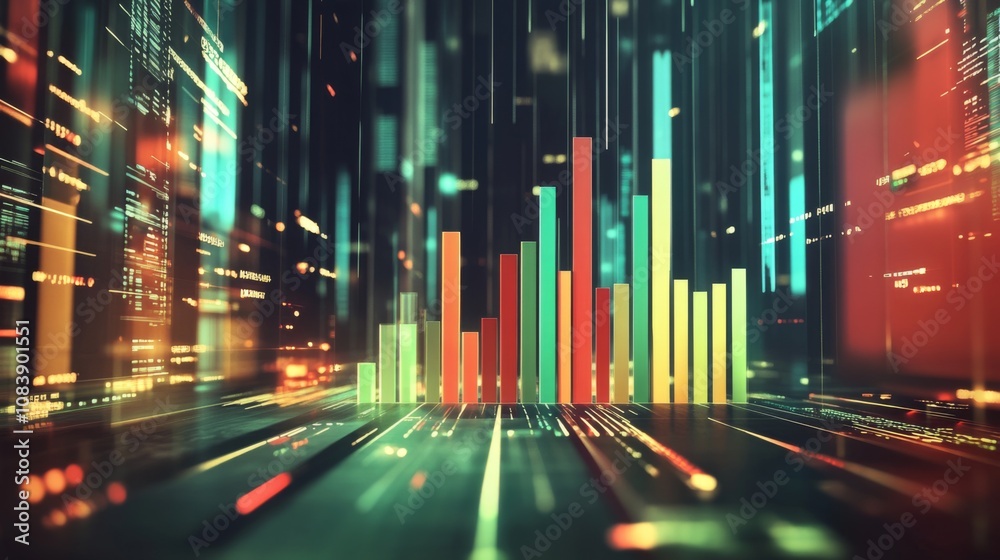Poster vibrant abstract data visualization with colorful bar graphs and digital elements representing moder