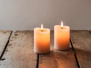 Two burning candles warm glow on rustic wooden table.