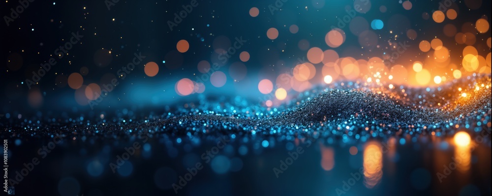 Poster abstract glitter background with blue gold, black colors. blurry lights create magical night party a
