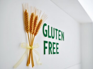 Green and yellow logo featuring three wheat ears and a ribbon with the text gluten free.