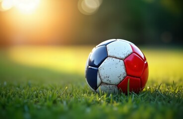 Fototapeta premium France flag colored soccer ball on green grass in sunlight. Sports photo concept. Outdoor soccer game. Image great for sport lifestyle themes national pride topics. Perfect for sport media France
