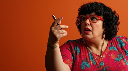 Woman in colorful attire gesturing with a pen against an orange backdrop.