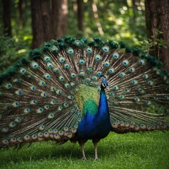 Obraz premium A vibrant peacock displaying its feathers in a lush green forest clearing.