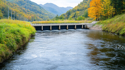 Fototapeta premium serene river flows past small hydroelectric dam, surrounded by vibrant autumn foliage and mountains. peaceful landscape invites reflection and appreciation of nature beauty