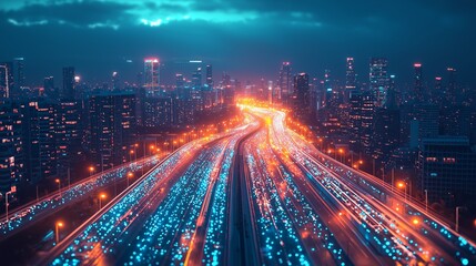 Fototapeta premium Dynamic Nighttime Cityscape with Light Trails from Vehicles on a Highway, Skyscrapers Illuminated by City Lights, Urban Landscape in Motion