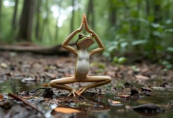 Cute frog doing yoga. Teaching yoga and eastern school. Meditation in nature