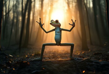 Cute frog doing yoga. Teaching yoga and eastern school. Meditation in nature