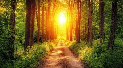 Fototapeta premium Sunlit Pathway Through Forest