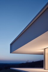 Modern architectural design of a cantilevered structure at twilight overlooking the landscape.