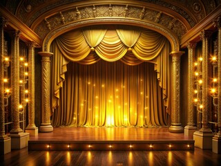 Elegant Theater Stage with Dramatic Lighting, Golden Curtains, and Enchanting Atmosphere for Live Performances and Events