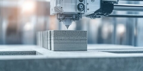 3D Printing in Construction - A close-3D Printing in Construction - A close-up of a 3D printer creating a concrete wall or structural component.,space for text