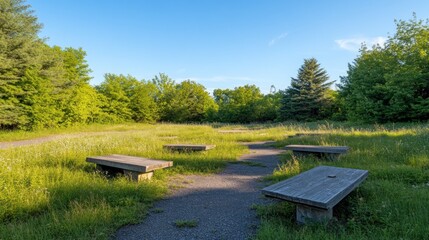 Obraz premium A serene outdoor space with stone tables surrounded by lush greenery.