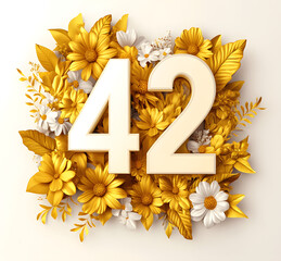 Luxurious golden and white floral design embracing number 42, symbolizing elegance, celebration, and artistic milestones in a premium and vibrant decorative style