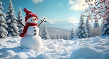 Fototapeta premium Happy snowman in snowy winter landscape. Snowman wears, scarf. Winter scenery with snow-covered trees, mountains in background. Ideal for holiday cards seasonal greetings. Panoramic view shows joyful