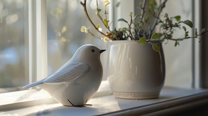 A simple, white ceramic bird figurine perched on a windowsill against the morning light