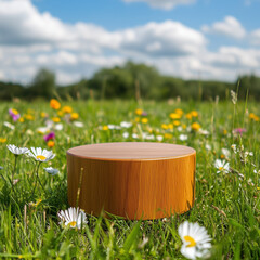 A white circular stage amidst a field of colorful flowers and green grass, with a blue sky and white clouds floating in the air, perfect for a product presentation backdrop.