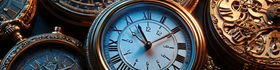 Fototapeta premium Tick-Tock Symphony: A collection of clocks and watches, each emitting its unique ticking or chiming sound, creating a harmonious cacophony.