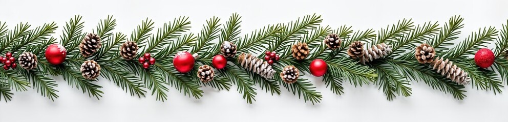 Festive Christmas garland. Green twigs of Christmas tree with red decorations, pinecones. Beautiful composition. Holiday season. Decorative arrangement. Winter season. Decor for holiday. Christmas