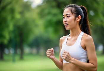 Fototapeta premium Young Asian woman jogs outdoors in park. Active lifestyle. Healthy fitness. Focused on sport activity. Strong and beautiful. Sporty posture. Enjoying exercise. Fresh air and wellness.