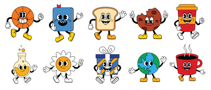 A fun and quirky collection of cartoon characters, including books, cookies, coffee cups, and the Earth, illustrated with a playful retro vibe for creative projects.