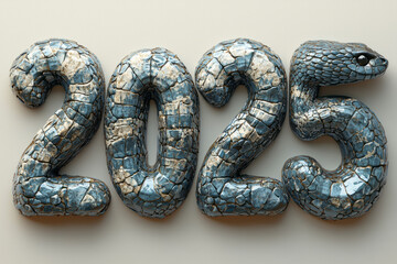 Obraz premium Simple design of 2025 with fine, elegant snakes, each number containing a snake figure, placed on a light beige backdrop,