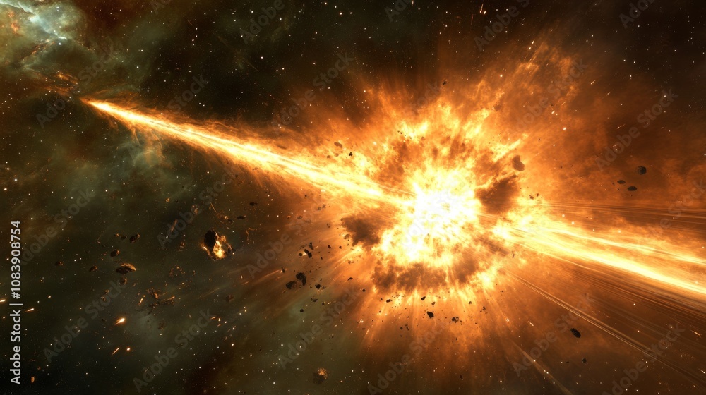 Aufkleber cosmic explosion in deep space with fiery blast and debris flying amidst a starry background, repres