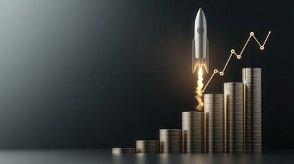 Startup Funding. A rocket launches from stacks of coins, symbolizing investment growth and financial success.