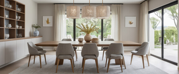 Fototapeta premium A sophisticated dining room with a long rectangular glass dining table and high-back chairs upholstered in light gray fabric.