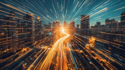 Dynamic Cityscape at Night with Light Trails and Motion Blur, Showcasing the Vibrancy and Energy of Urban Life in a Modern Metropolis