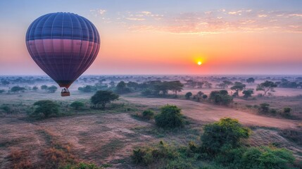 Obraz premium A hot air balloon floats over a serene landscape at sunrise.