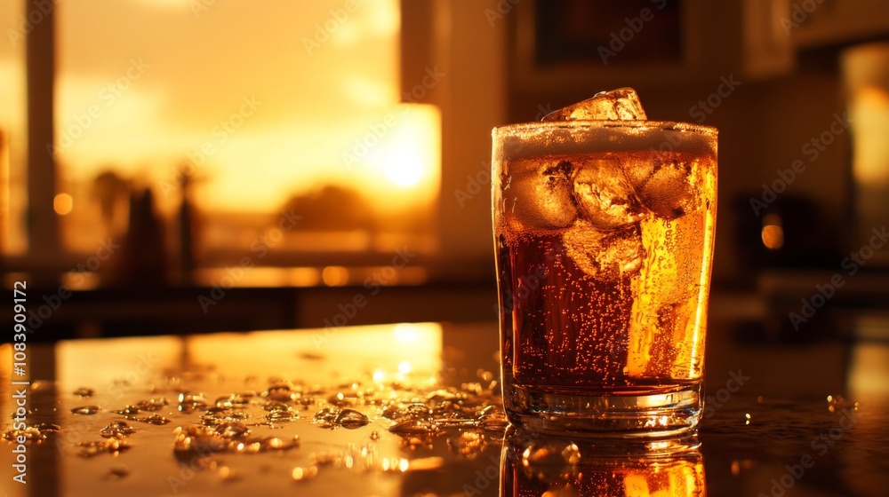 Poster Refreshing Alcoholic Beverage in a Glass with Ice Cubes on a Glittering Surface During a Beautiful Sunset with Warm Golden Light in the Background
