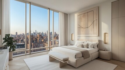 Modern Luxury Bedroom with City View, Abundant Natural Light, Elegant Design Elements, Soft Color Palette, Cozy Atmosphere for Relaxation and Comfort