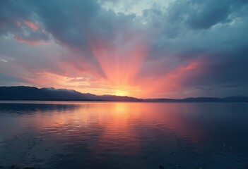 Obraz premium A scenic landscape with a calm body of water reflecting the cloudy sky and sun rays breaking through the clouds at sunset