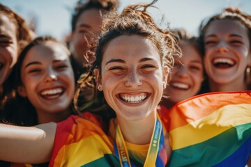 Athletes celebrating with rainbow flag and medals, promoting diversity and inclusion in sports