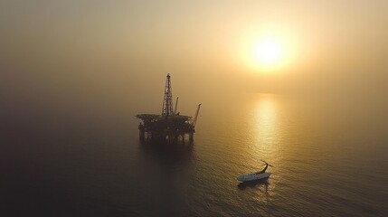 Fototapeta premium Helicopter Approaching Oil Platform at Dawn