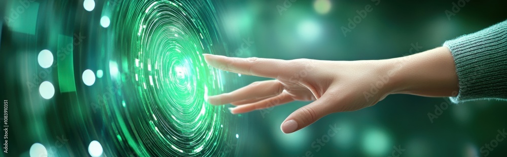 Poster woman interacts with a virtual digital screen showcasing futuristic technology and patterns