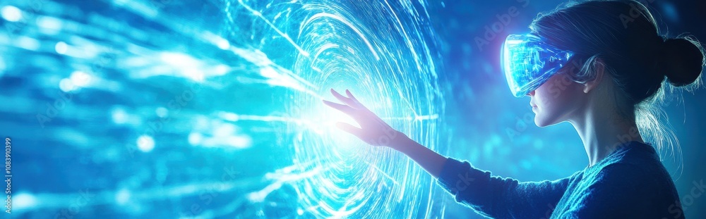 Poster woman interacting with advanced virtual technology in a digital environment at night