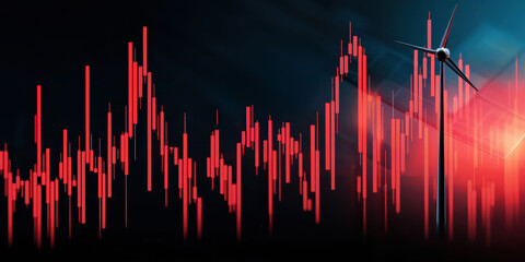 Fototapeta premium Sustainable investments in energy. A digital landscape showcasing a red data chart, wind turbine, and a grid overlay, symbolizing energy trends and technological advancements.