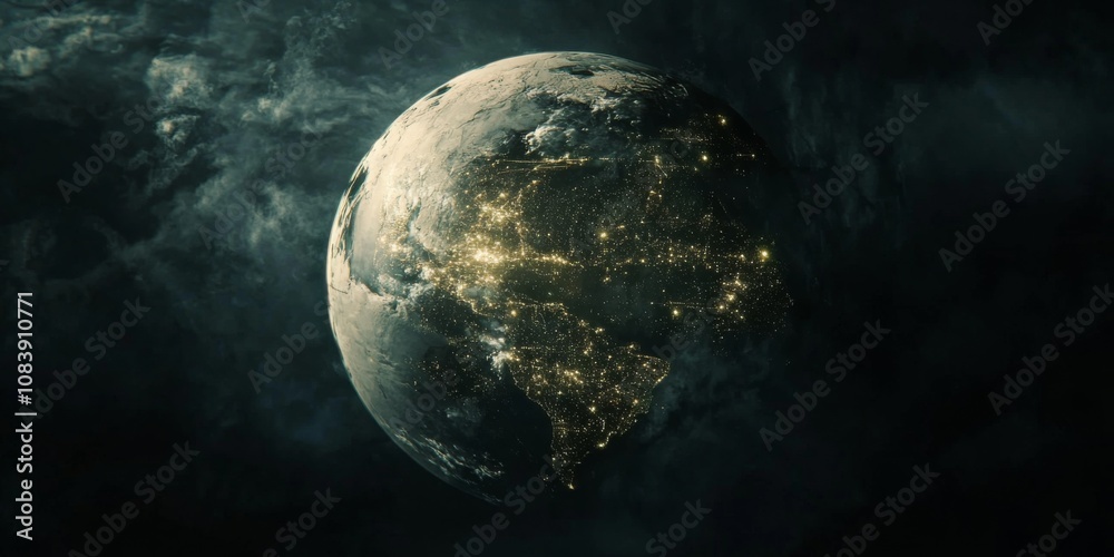 Wall mural futuristic map of earth with pulsing digital nodes,space for text