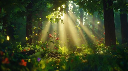 Obraz premium Mystical Forest with Mist and Sunbeams
