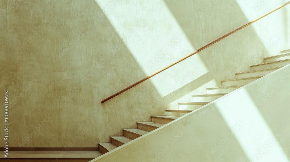 Aufkleber Elegant and Minimalist Stairs with a Smooth Wooden Handrail and Soft Natural Light Illuminating the Warm Textured Walls, Creating a Serene Atmosphere